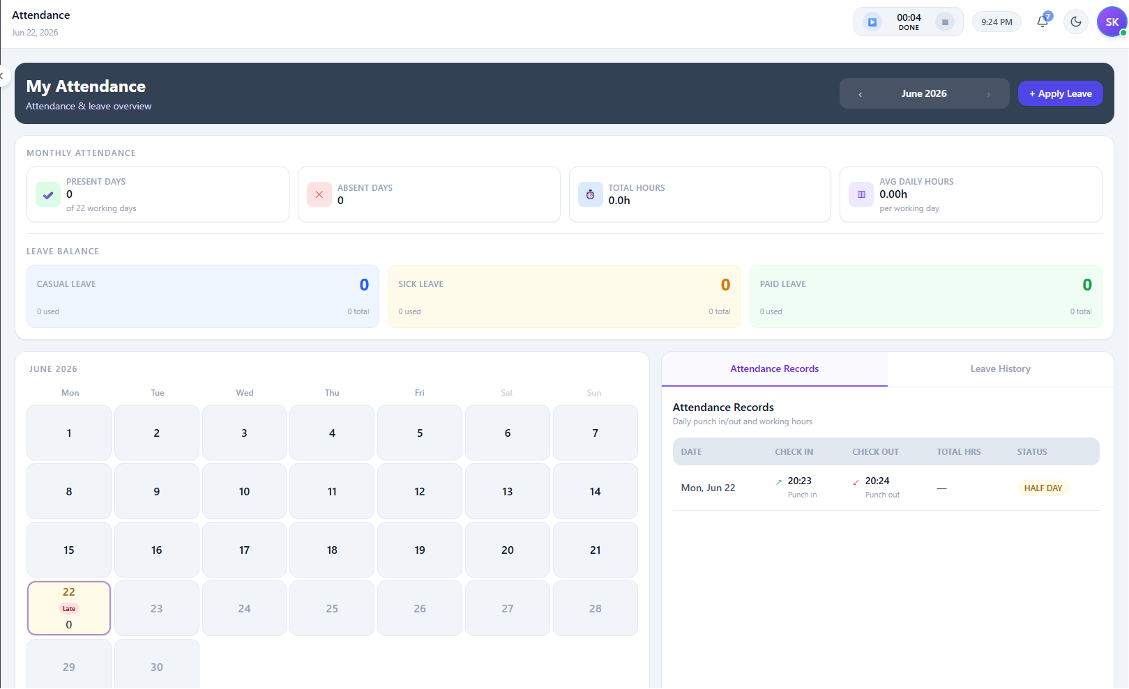 Attendance & Time Tracking - Suntel HRMS feature screenshot