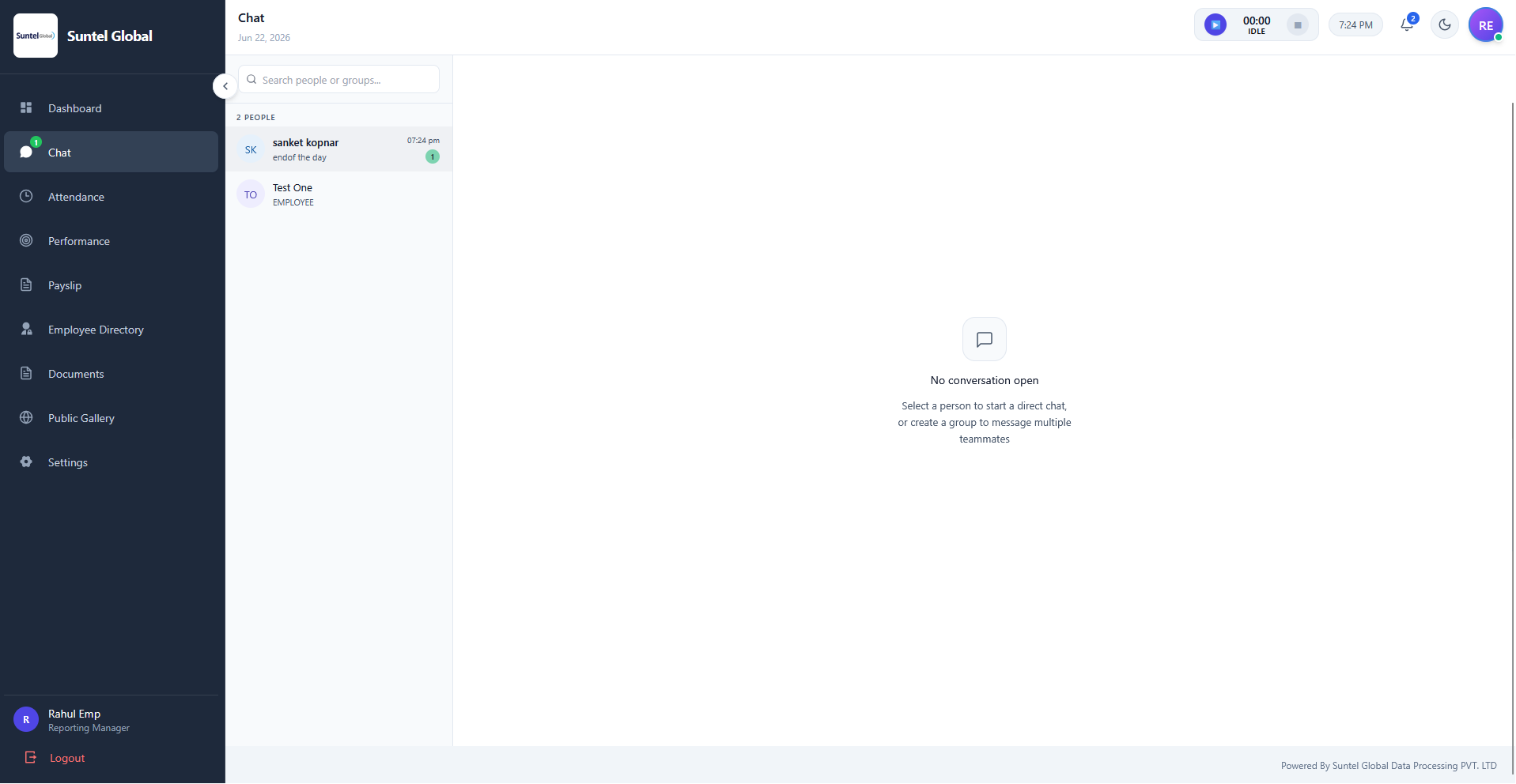Team Chat - Suntel HRMS interface screenshot