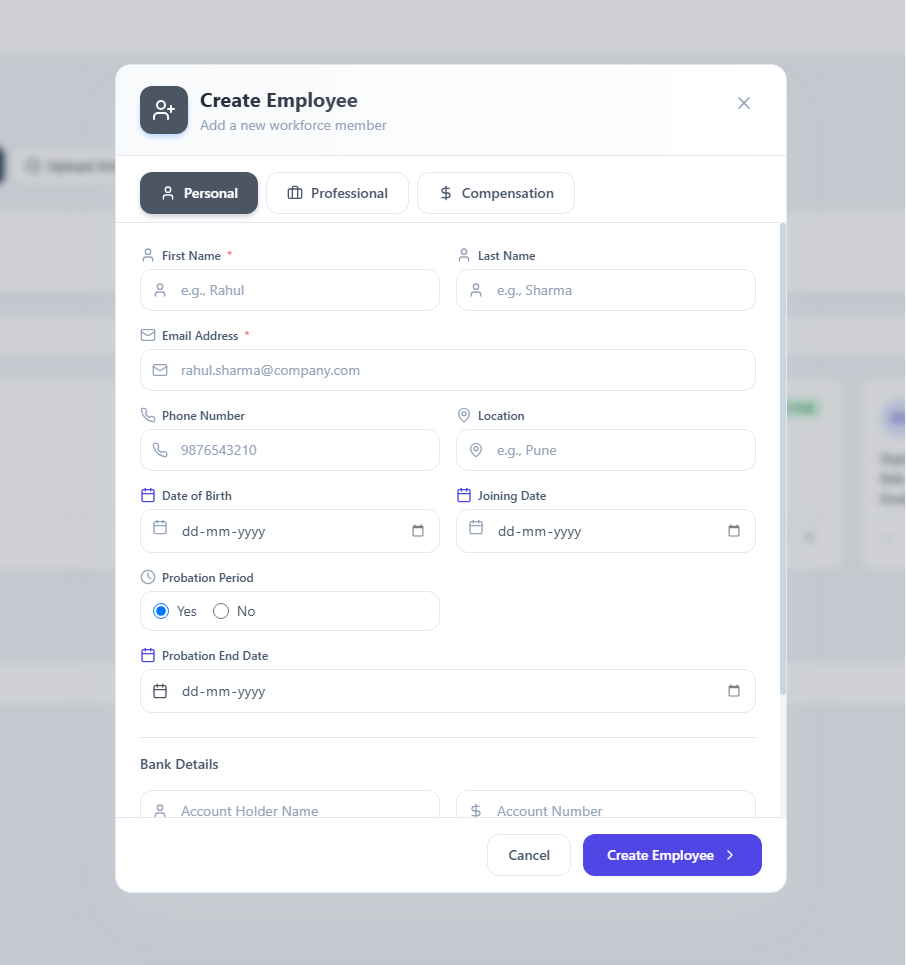 Employee Management - Suntel HRMS feature screenshot