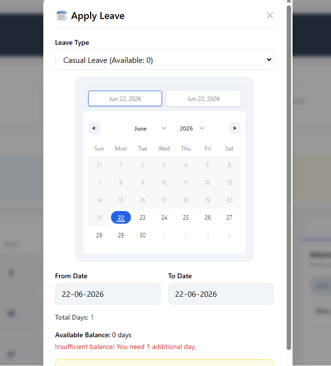 Leave Management - Suntel HRMS feature screenshot