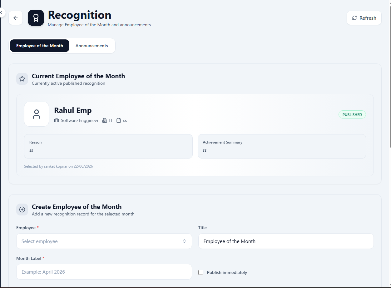 Recognition & Announcements - Suntel HRMS feature screenshot